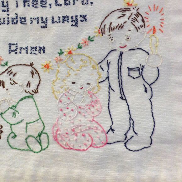 Vintage Needlepoint Sampler of Childs Prayer Large 17.5" x21" Now I lay me down - Picture 4 of 8